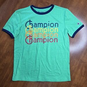 3 / $30 Champion Kids Green T-Shirt Medium (10/12) Ringer Tee Colorful Logo‎ Top